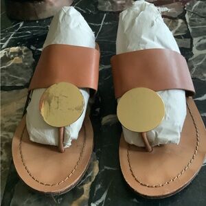 Authentic Tory Burch Patos Gold Disk Camel Leather Slide Sandals Size 7.5